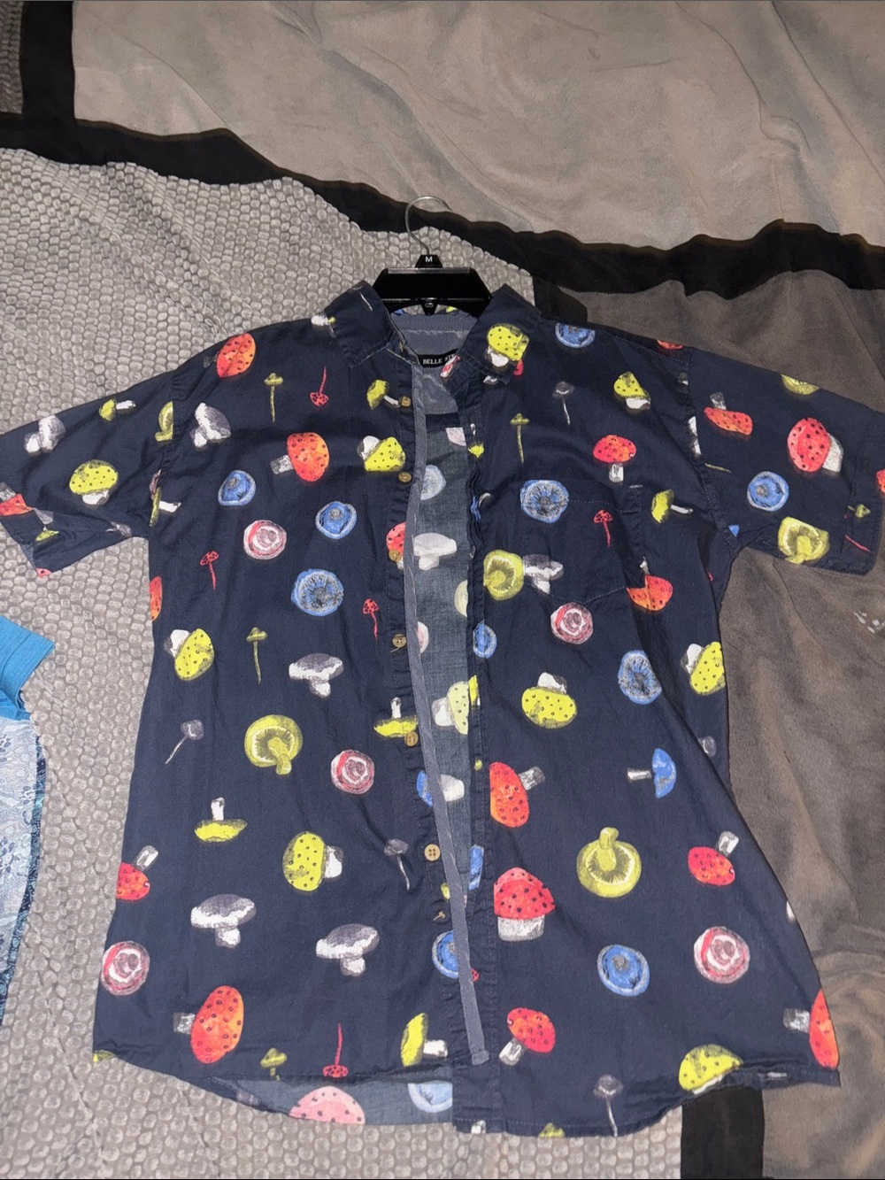 Men's Navy Short-Sleeve Mushroom Print Button-Down Shirt
